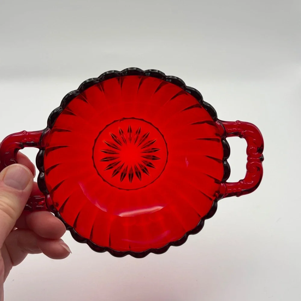 Vintage Ruby Red Glass Double Handled Candy Dish Bowl Starburst Base 6.25
